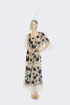 Black Floral Beaded Cream Tulle Dress