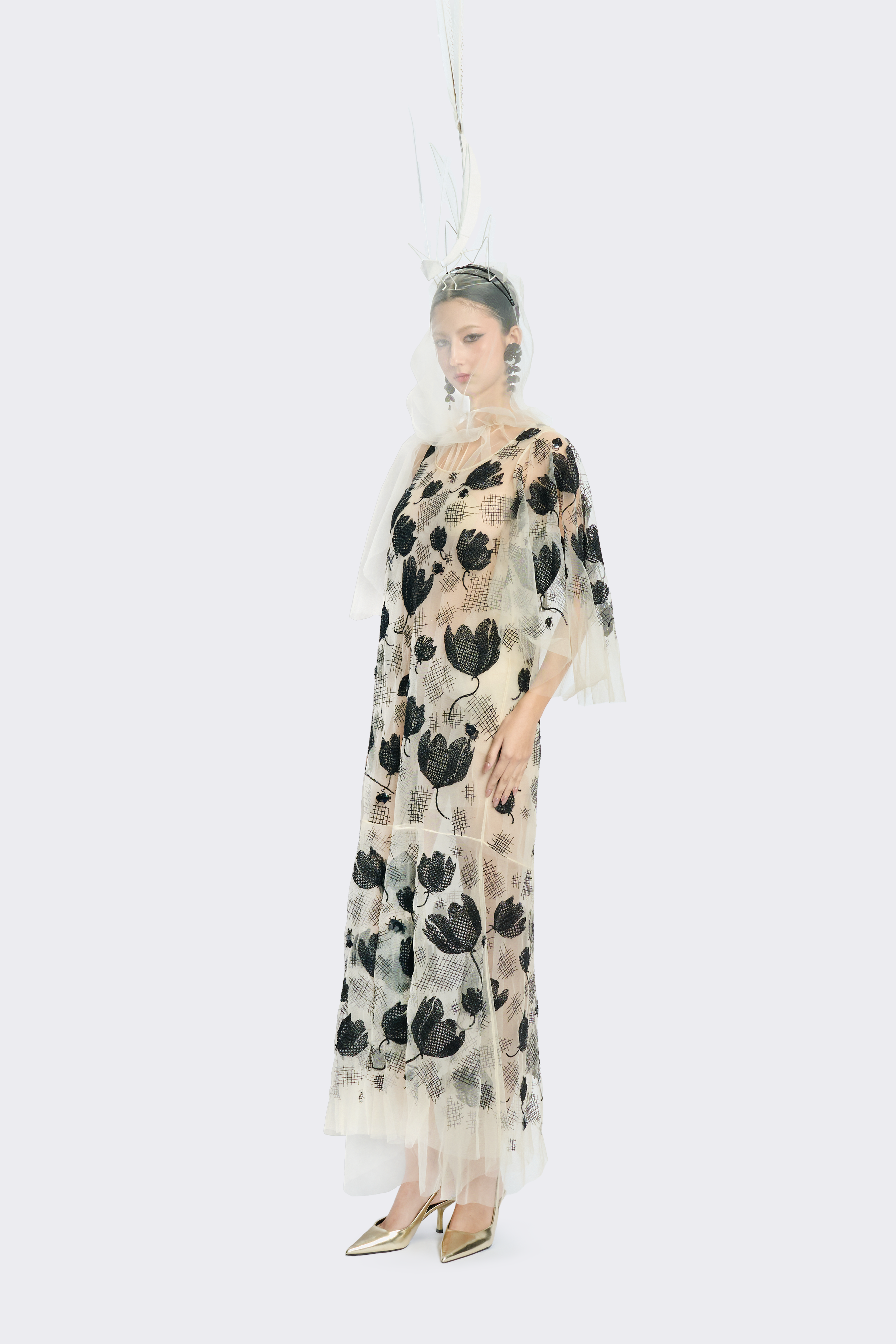 Black Floral Beaded Cream Tulle Dress