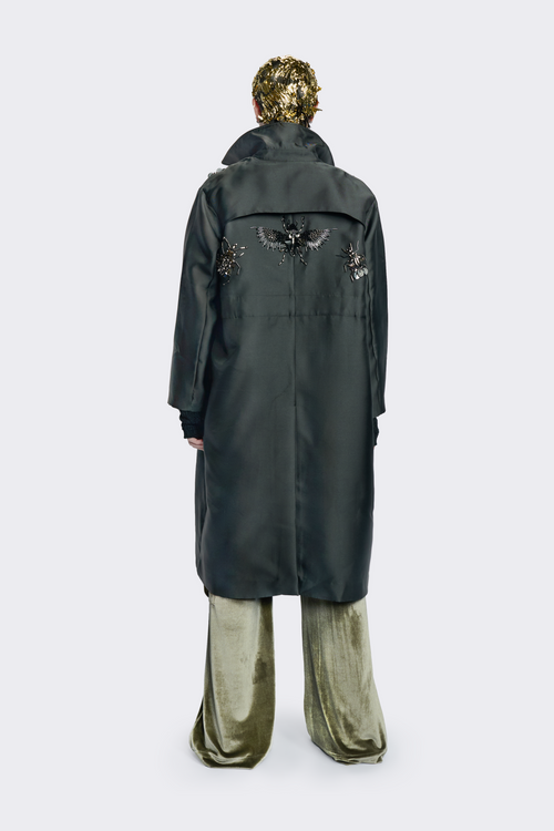 Beetle Embellished Silk Taffeta Coat