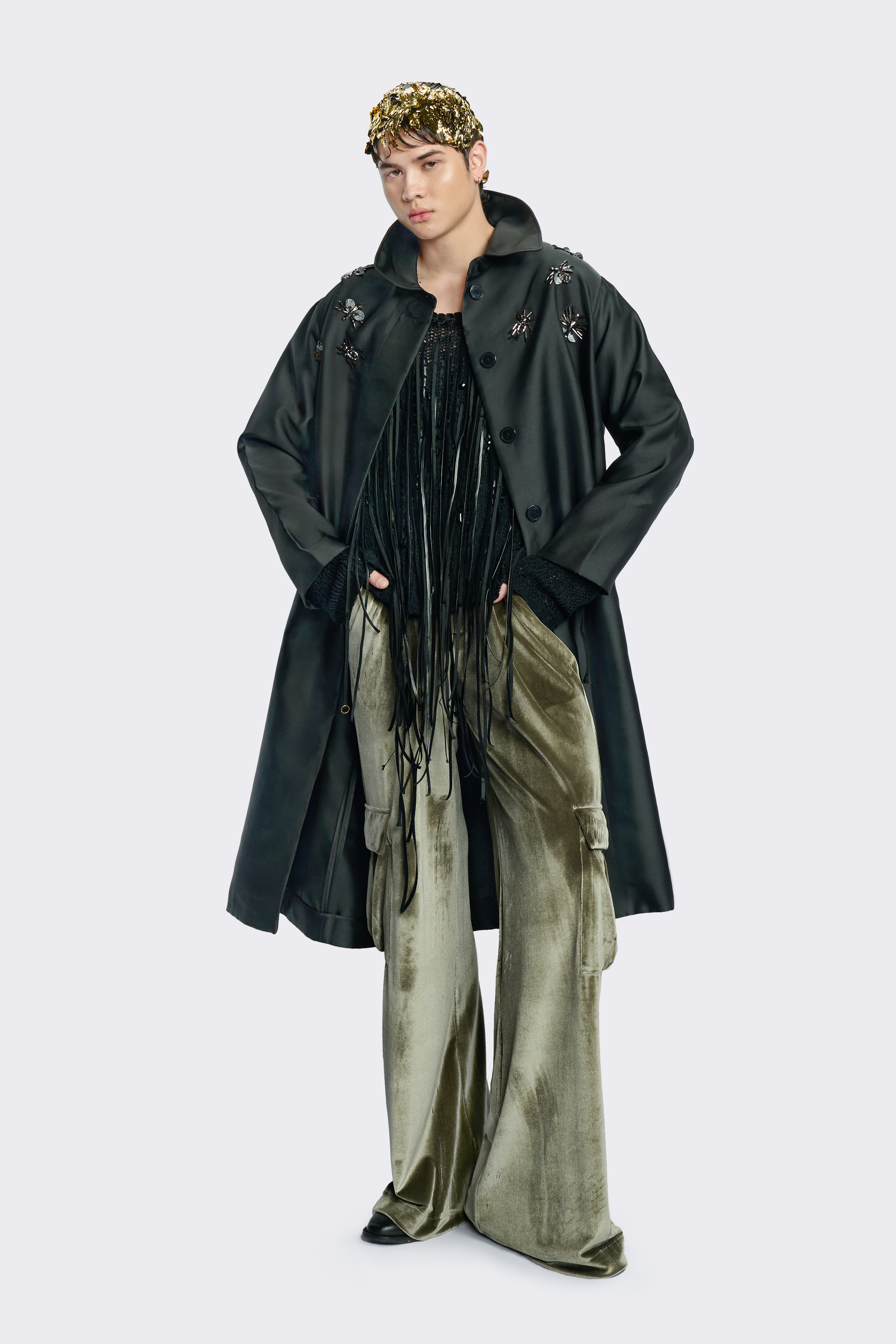 Beetle Embellished Silk Taffeta Coat