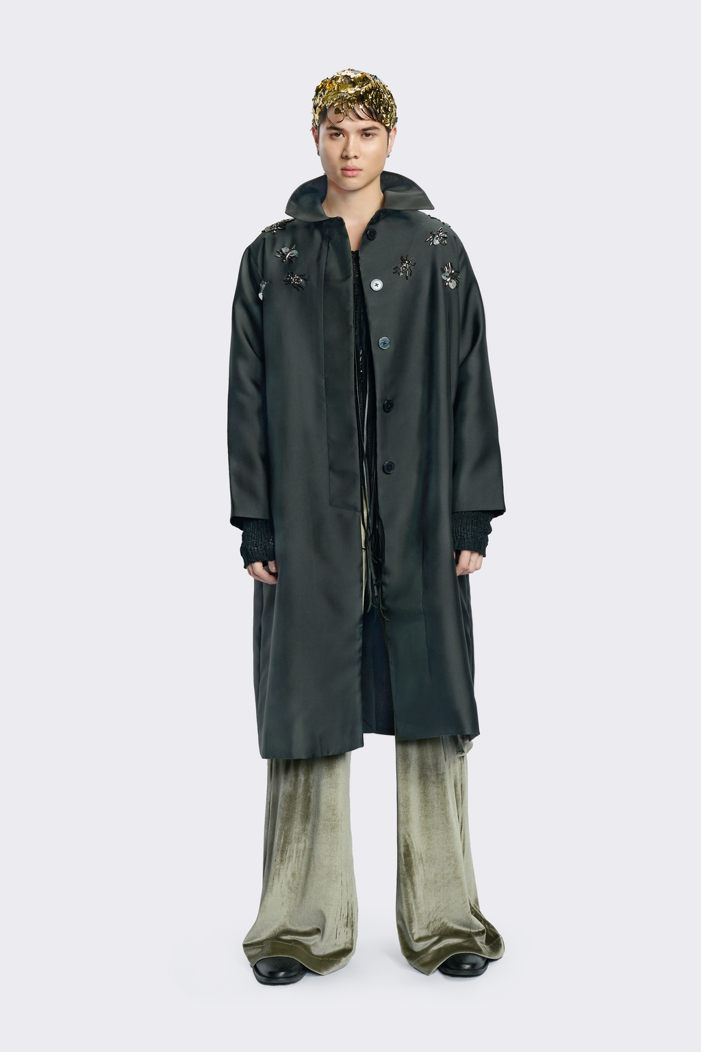 Beetle Embellished Silk Taffeta Coat