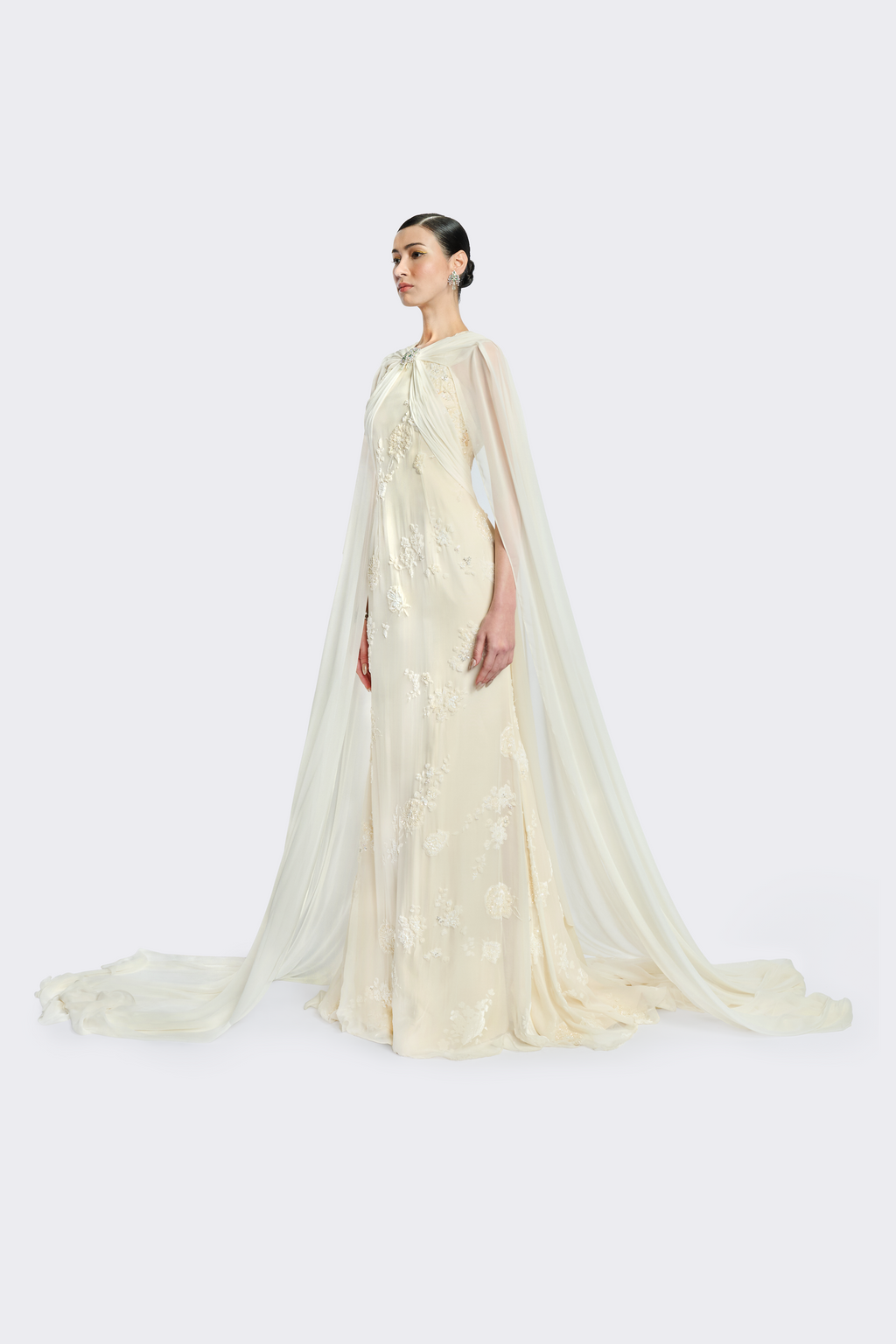 Cream Embroidery Cape Dress