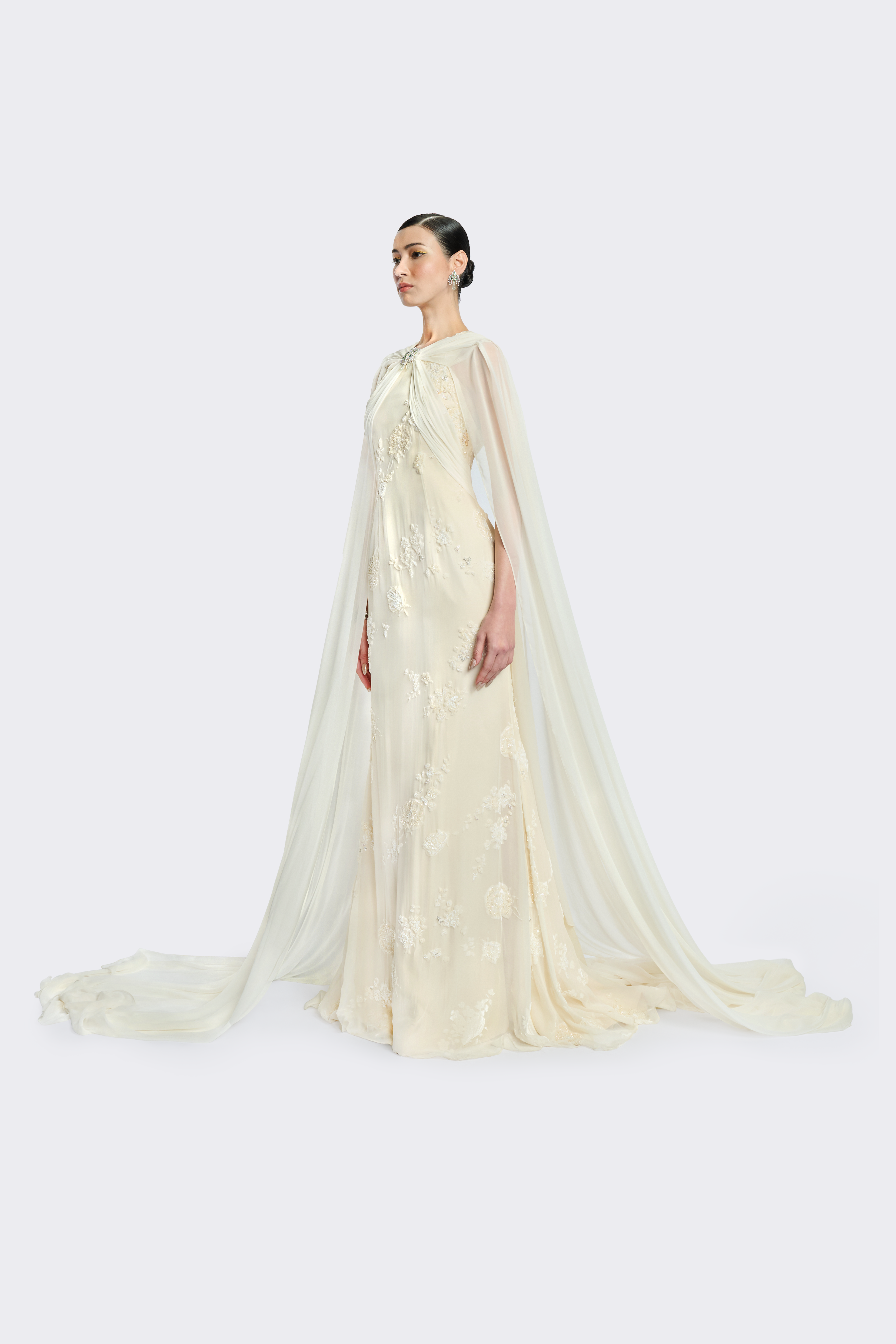 Cream Embroidery Cape Dress