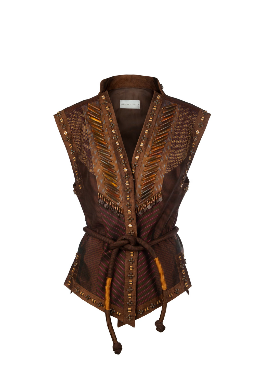 Brown Sleeveless Silk Jacket