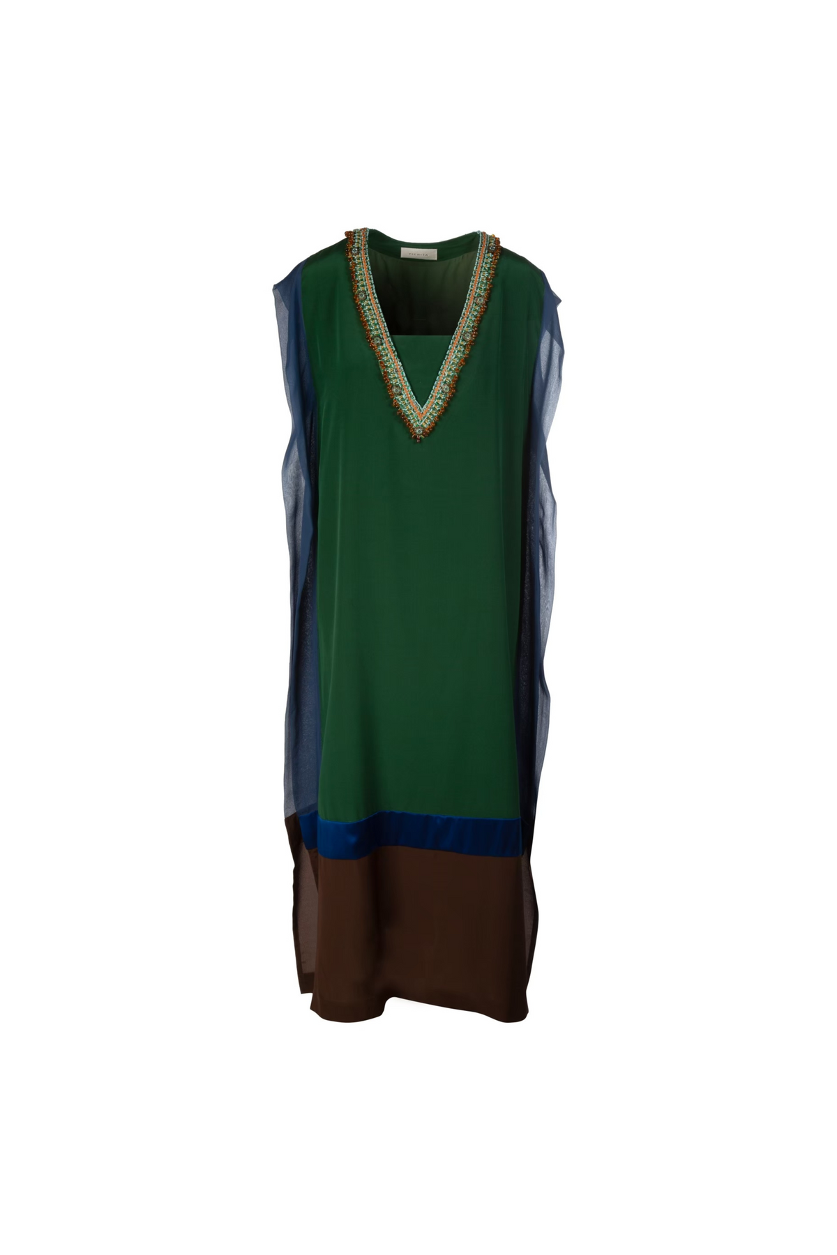 Green-Blue V-Neck Silk Dress