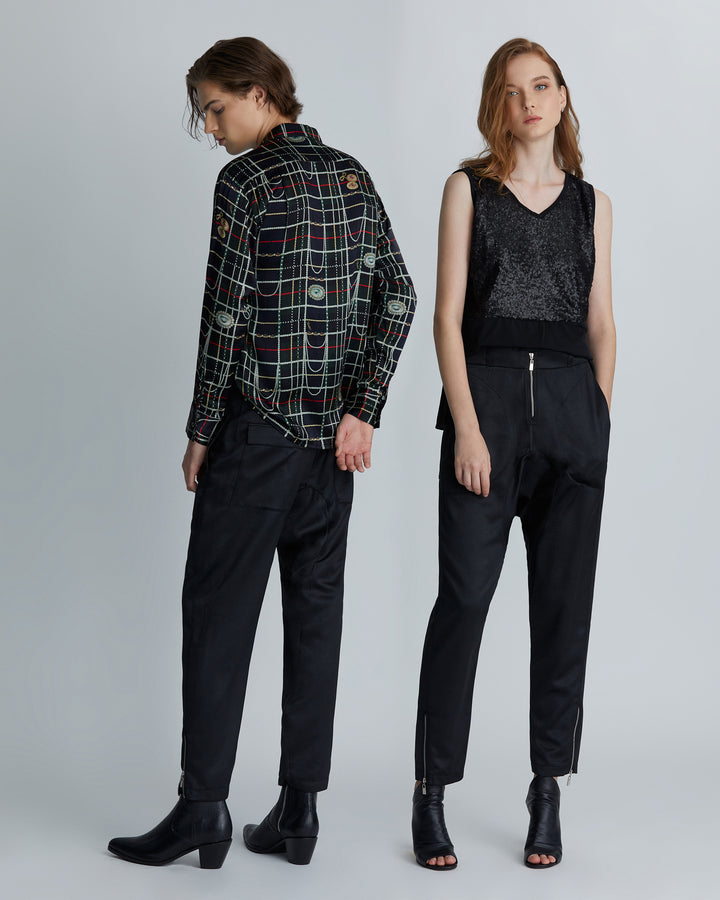 man and woman wearing the Black high-rise tapered leather embossed lounge pants