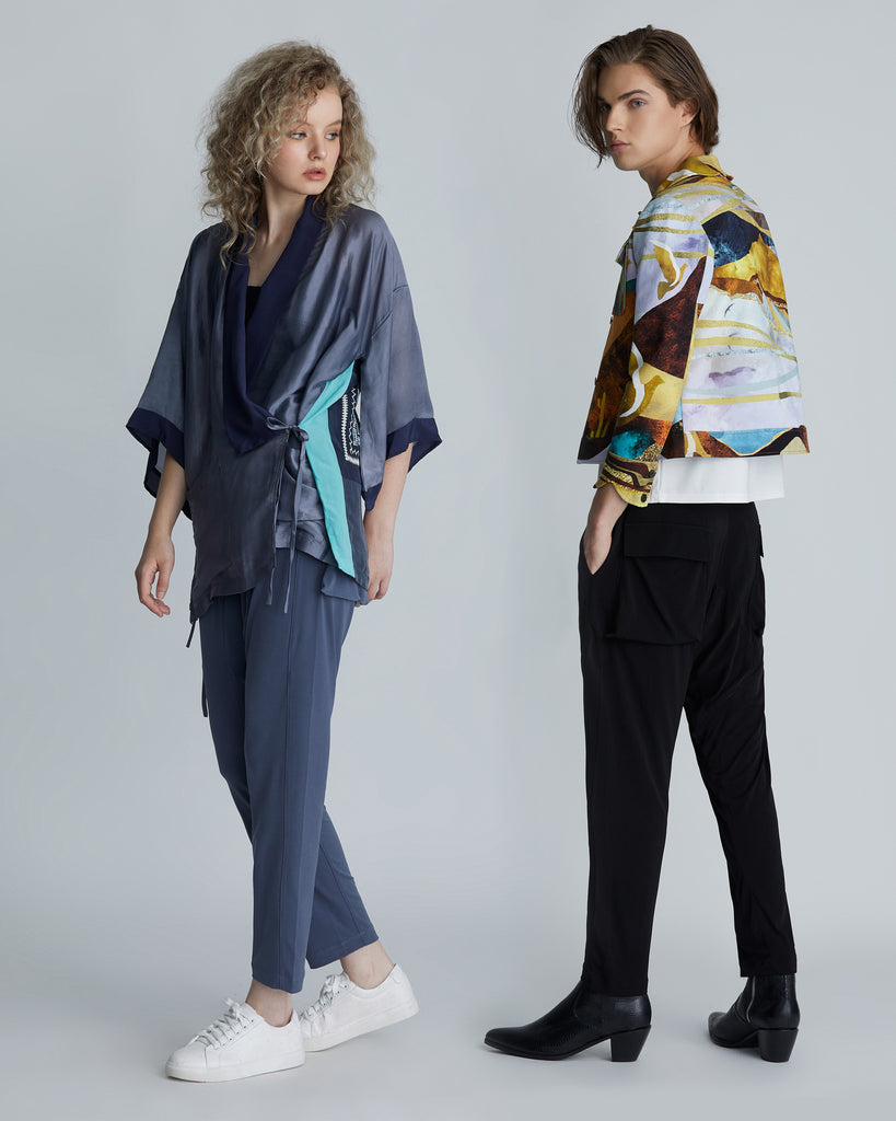 Man and woman wearing the Dropped-crotch 'wrinkle-free' drawstring lounge pants
